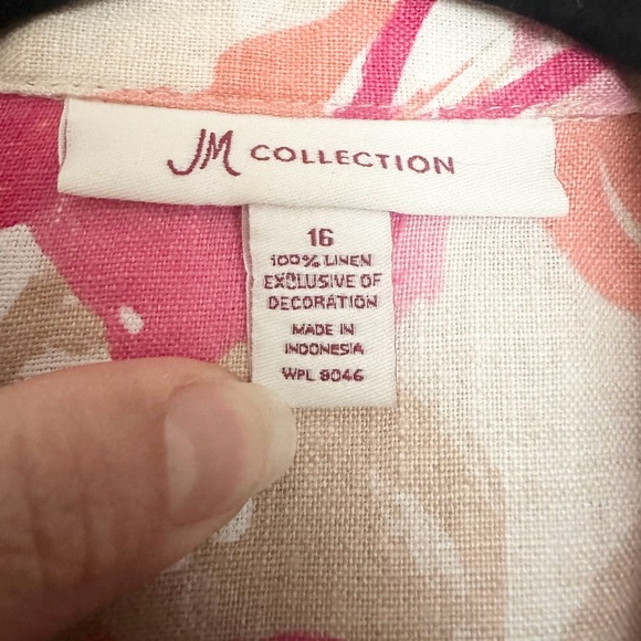 JM Collection 100% Linen Shirt Top Pink Tan Floral Embroidered Button Front - Picture 3 of 5